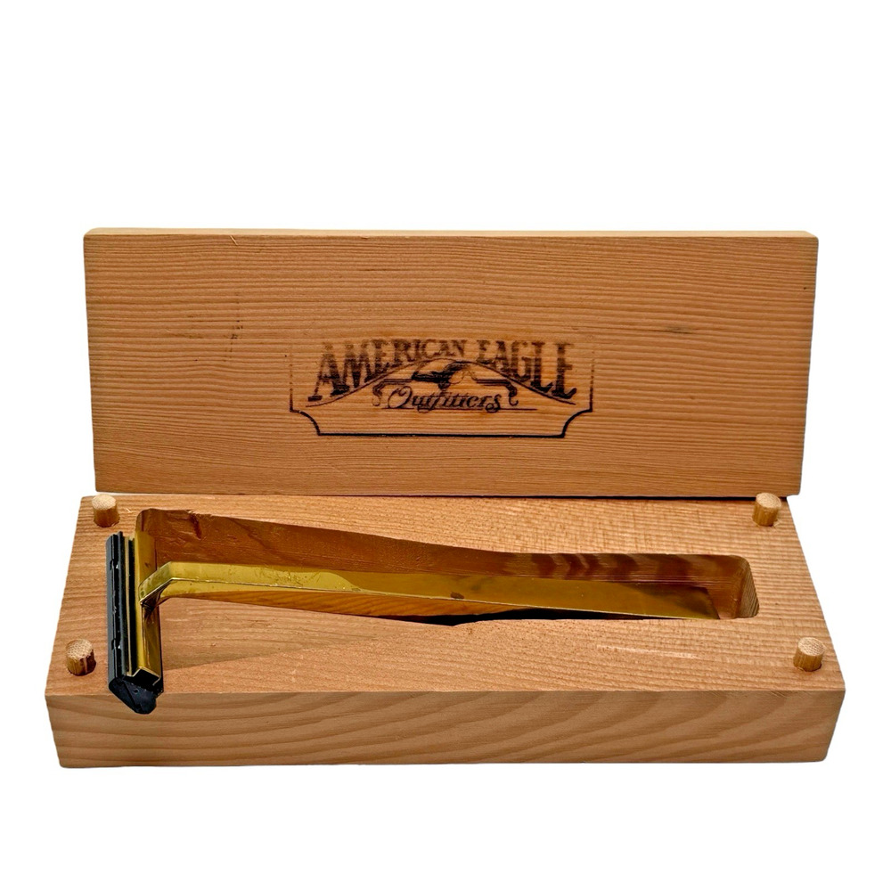 VTG 1980's Solid Brass Shaving Razor American Eagle Outfitters w/ Wood Box Case